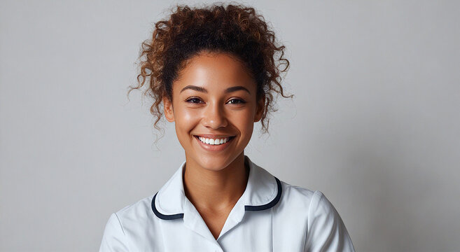 Smiling Nurse Portrait: A heartwarming portrait of a female nurse radiates warmth and professionalism, her genuine smile reflecting dedication to patient care and compassion. 