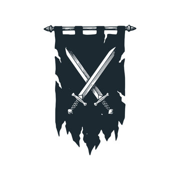 Medieval knight war banner with two crossed swords over. Black and White Icon Vector and Illustration
