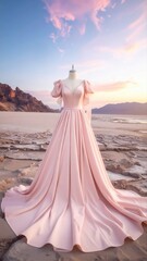 Pink gown on mannequin showcasing fashion in desert at sunset