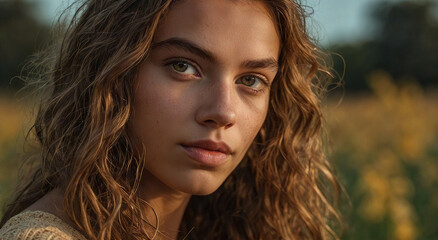 Fototapeta premium Captivating Gaze of a Young Woman in Natural Light: A portrait of a young woman, bathed in golden light, with a serene expression. Her eyes hold a depth of emotion.