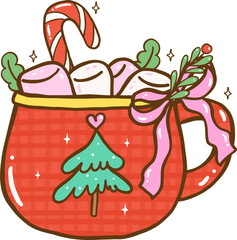 Gingham Preppy Cozy Christmas, Festive Mug of Hot Chocolate and Marshmallows Illustration Cartoon Hand Drawn