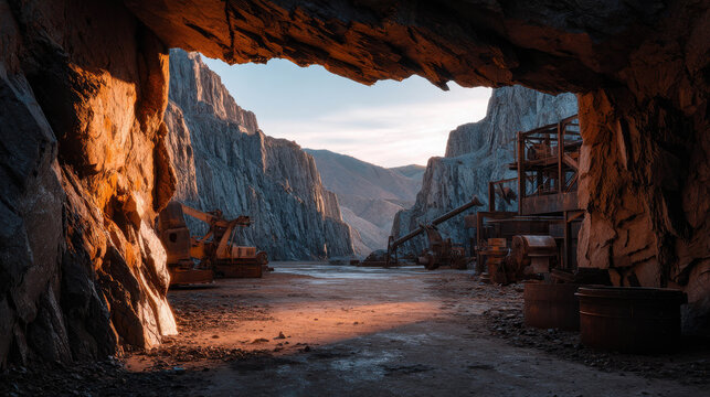 Rugged Landscape of a Remote Open Mine Framed by Majestic Mountains and Bathed in Golden Hour Light