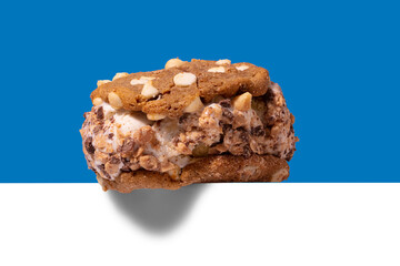 Cookie sandwich on a white block 