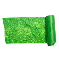 A partially unrolled roll of crumpled, vibrant green paper on a stark black background