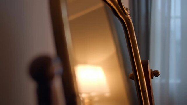 A cello?s neck and scroll in warm light, blurry mirror in the background