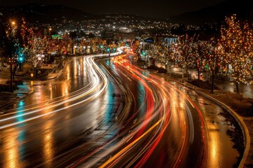 Fototapeta premium Colorful Night Traffic with Beautiful City Lights and Reflections