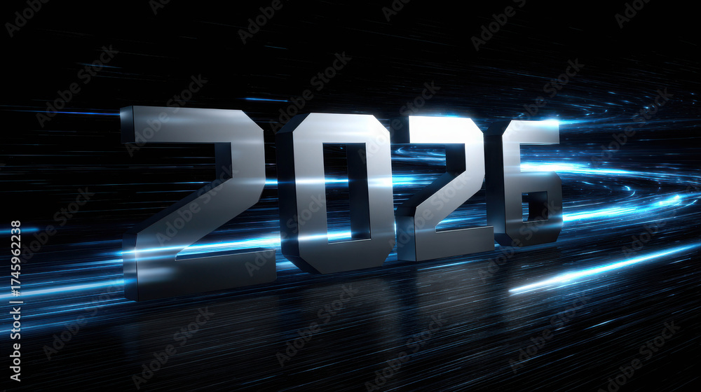 Wall mural illuminated 3d numbers surrounded by neon edges with dynamic light effects displaying 2026 in a futu