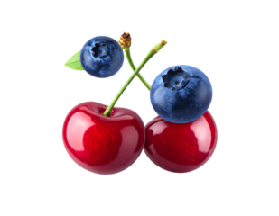 輝くチェリーとブルーベリーが舞う｜背景なし・透過PNG
