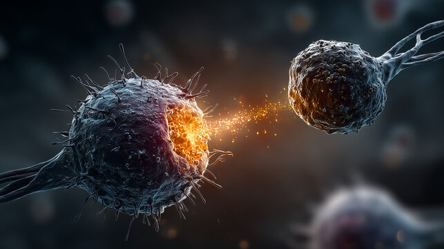 A Natural Killer (NK) cell attacking a tumor cell, a concept in immunology and cancer therapy.