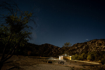 Milky way constellation visible in the starry sky as night settles over the bathroom in the campground