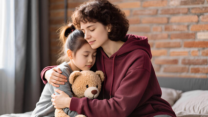 A woman is holding a teddy bear and a little girl