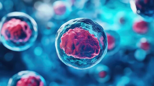 Scientific human cells with nucleus and cytoplasm, shown in vibrant blue background