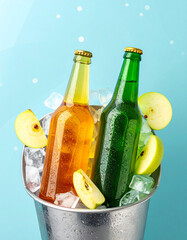 Two bottles of beer are in a bowl with ice and apples
