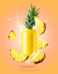 A can of pineapple juice is on top of a slice of pineapple