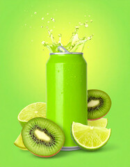 A can of green drink with lime slices and kiwi slices on top