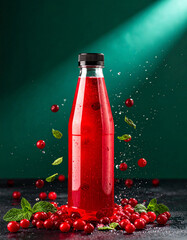 A bottle of red drink with a green background