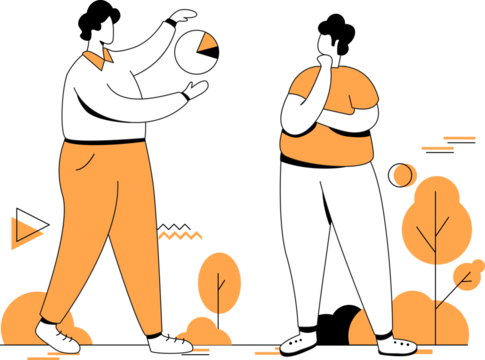 Two Figures Discussing Pie Chart Data with Orange Accents on Transparent Background