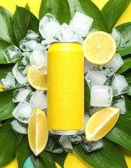A can of soda is on top of a pile of ice and lemons