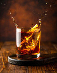 A glass of liquor with ice cubes in it