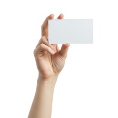 Fototapeta premium Hand holds a blank white card for business or branding purposes.
