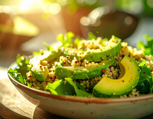 A plate of food with avocado and quinoa