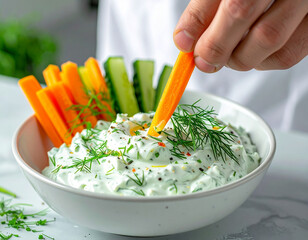 A bowl of dip with carrot and cucumber slices
