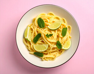 A bowl of pasta with lime and mint on top
