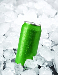 A can of green soda is sitting on top of a pile of ice