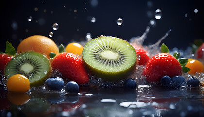 A kiwi and a strawberry are on a plate. The kiwi is cut in half