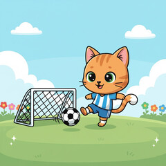 Cartoon cat playing soccer on a field outdoor art