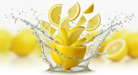 Vibrant lemon slices splashing into water.