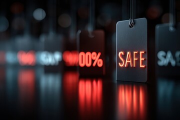 Industrial Tags Displaying Words Safe and 100 Percent in Darkness