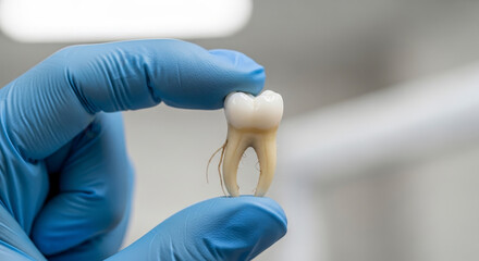 Gloved hand holding a human tooth closely.
