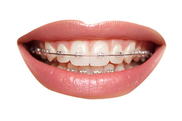 Radiant smile with clear braces showcasing perfectly aligned teeth and luscious lips, a symbol of confident beauty and dental transformation