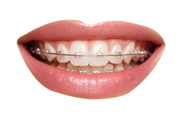Radiant smile with clear braces showcasing perfectly aligned teeth and luscious lips, a symbol of confident beauty and dental transformation