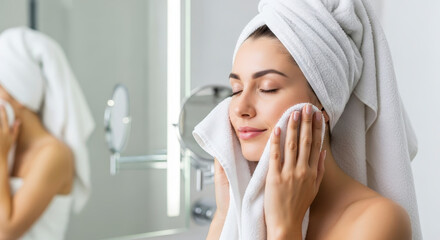 Young woman enjoying skincare routine with towel.