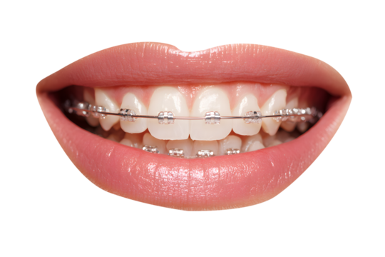 Radiant smile with clear braces showcasing perfectly aligned teeth and luscious lips, a symbol of confident beauty and dental transformation - Powered by Adobe