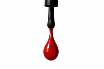 Nail polish brush dripping red lacquer creating glossy beauty drop, cosmetics and manicure concept isolated on transparent background
