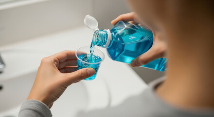 Close-up of person pouring blue mouthwash.