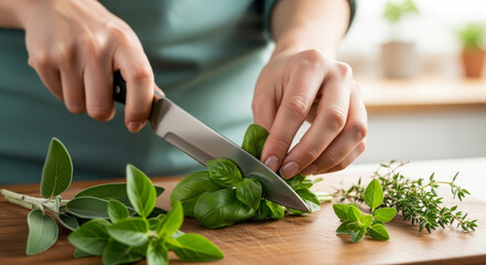 Close-up of hands chopping fresh basil leaves.