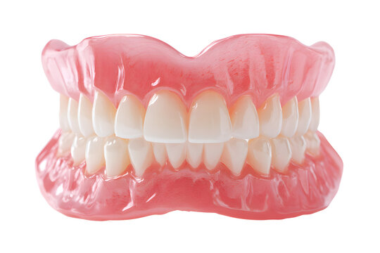 Realistic full set of human dentures showcasing healthy white teeth and pink gums for dental education and prosthetics
