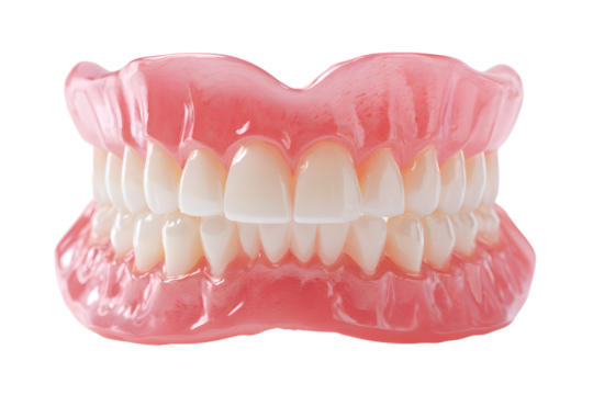 Realistic full set of human dentures showcasing healthy white teeth and pink gums for dental education and prosthetics