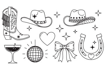 A collection of westernthemed doodles including a cowboy boot, hats, horseshoe, martini glass, disco ball, bow, and heart isolated on transparent background