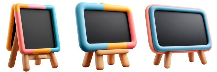 Set of Three Colorful Pastel 3d Rendered Blackboards on Wooden Easels