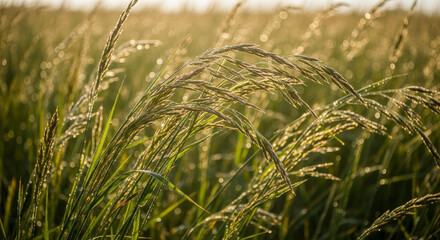 Dew-covered grass illuminated by sunrise glow.