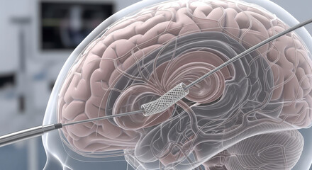 Medical illustration of a brain stent procedure.