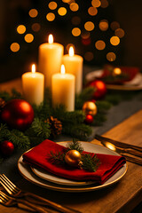 Luxury Christmas Dinner Table with Candles and Ornaments &ndash; Festive Holiday Celebration Scene