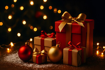 Christmas Gift Boxes with Red Ribbons &ndash; Cozy Festive Winter Holiday Scene with Snow and Lights