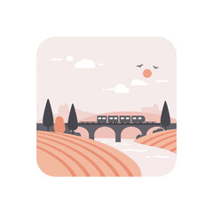 Obraz premium Minimalist Flat Train Ride Across Bridge Over River Illustration
