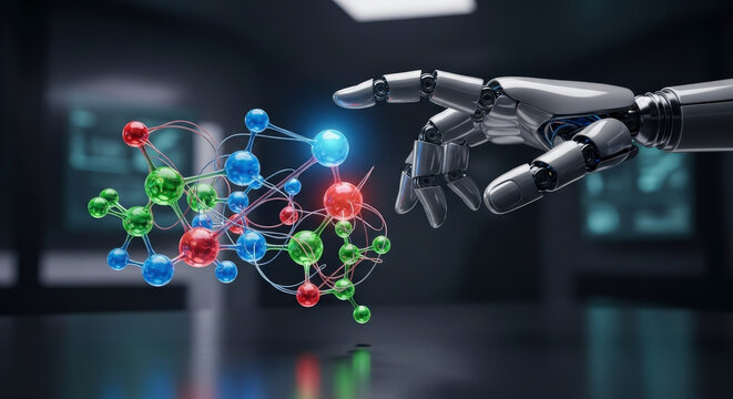 Futuristic robotic hand examining a digital molecule. - Powered by Adobe